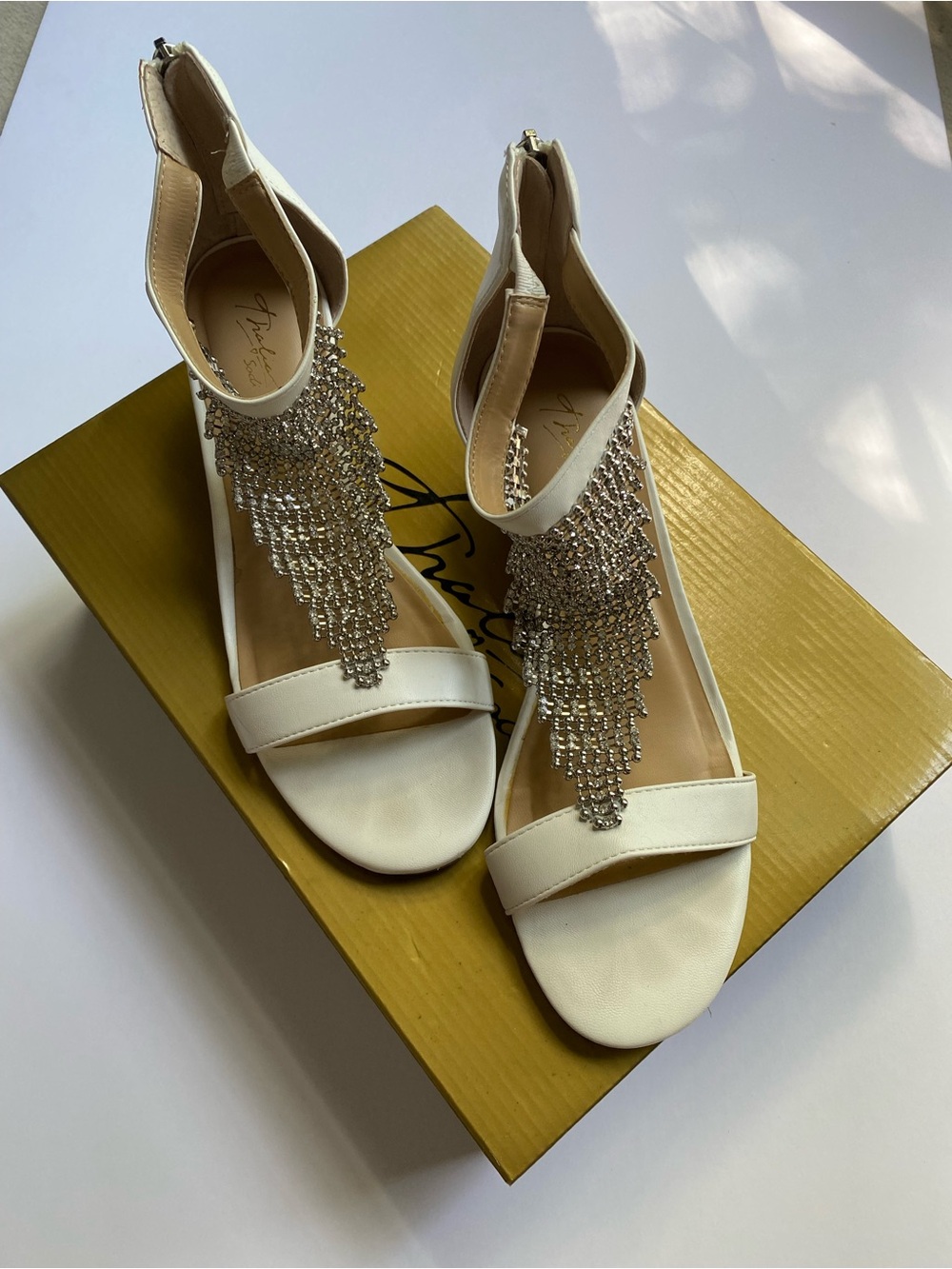 Thalia Sodi Ivory Fringe Crystal Ankle-Strap Heels